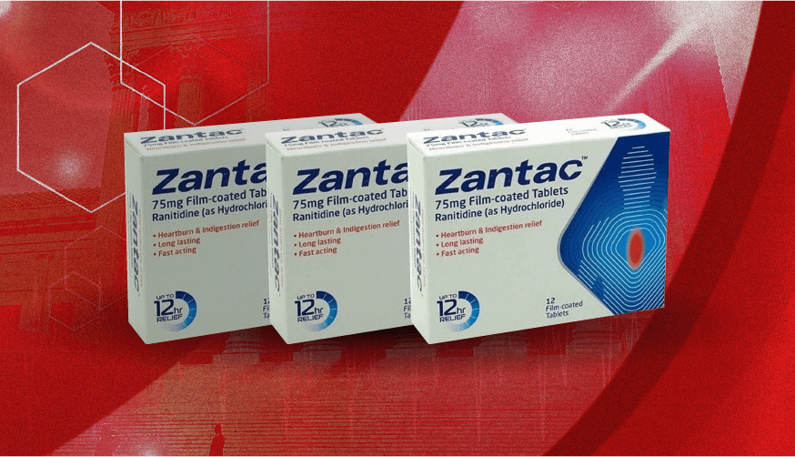 zantac pills over red background